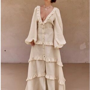 Commense Cream Tiered Ruffle Maxi Dress